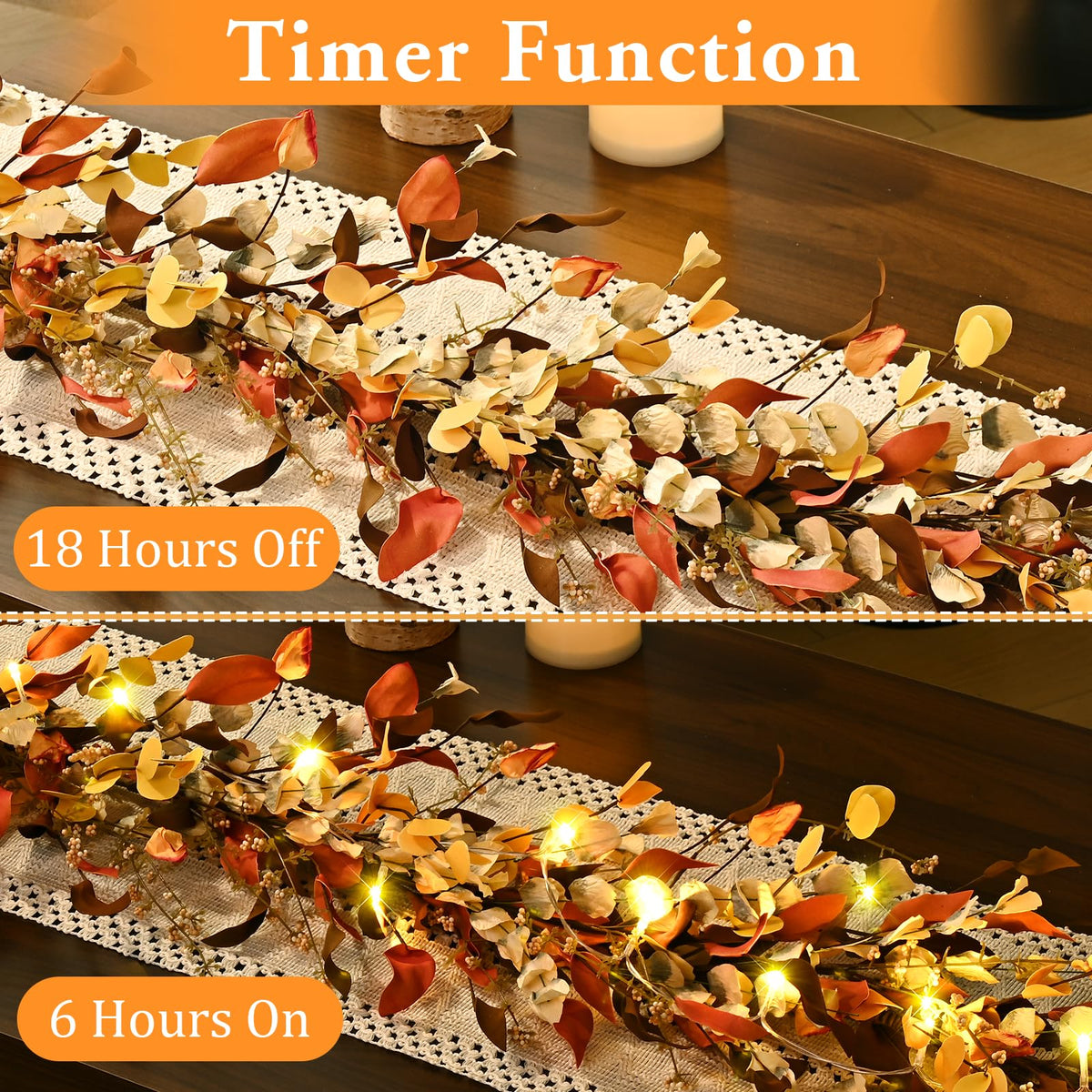 Fall Decor, 6FT Fall Garland with Lights Autumn Eucalyptus Leaves Lighted Garland Thanksgiving Harvest Festival