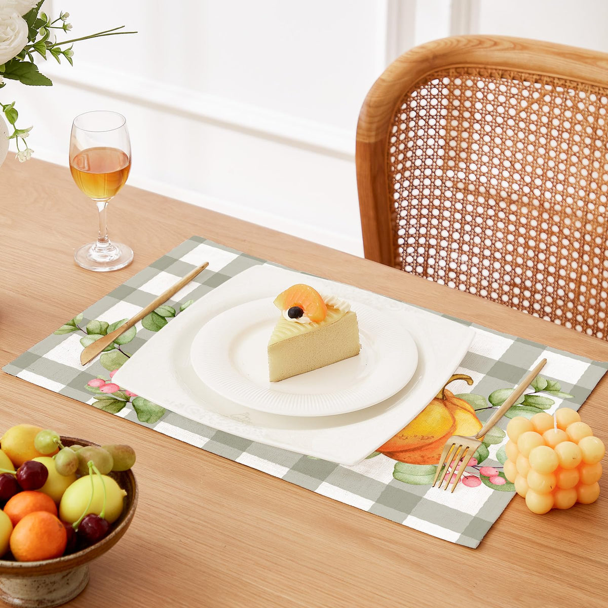 Fall Placemats Set of 4, 12"x18" Linen Place Mats, Plaid Pumpkin