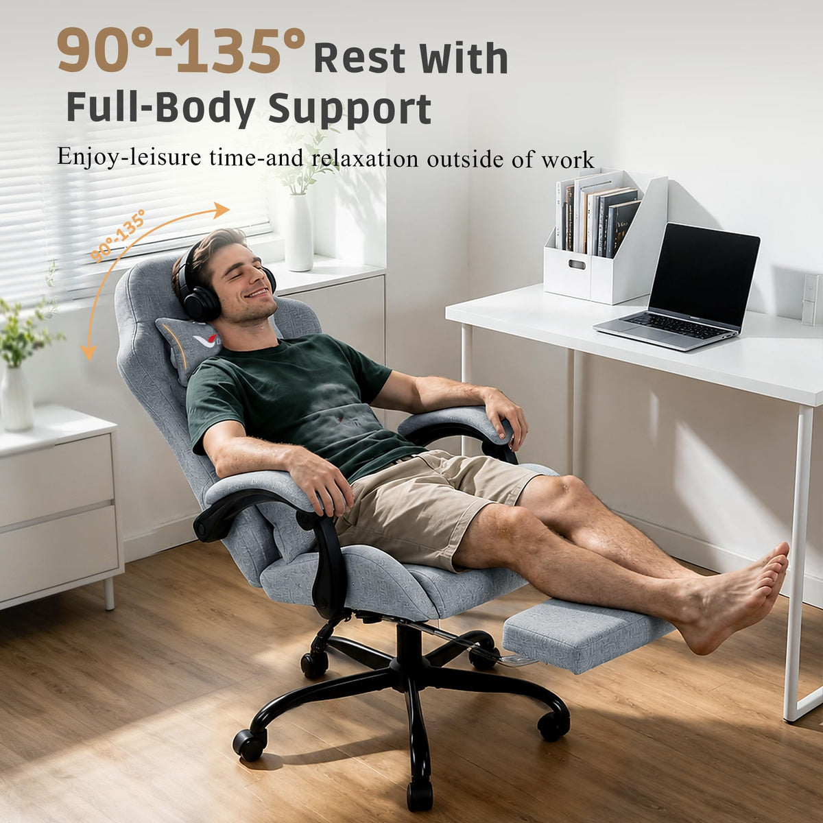 Fabric Gaming Chair for Adults, Ergonomic Computer Office Desk Chair with Footrest, Pocket Spring Cushion, Reclining