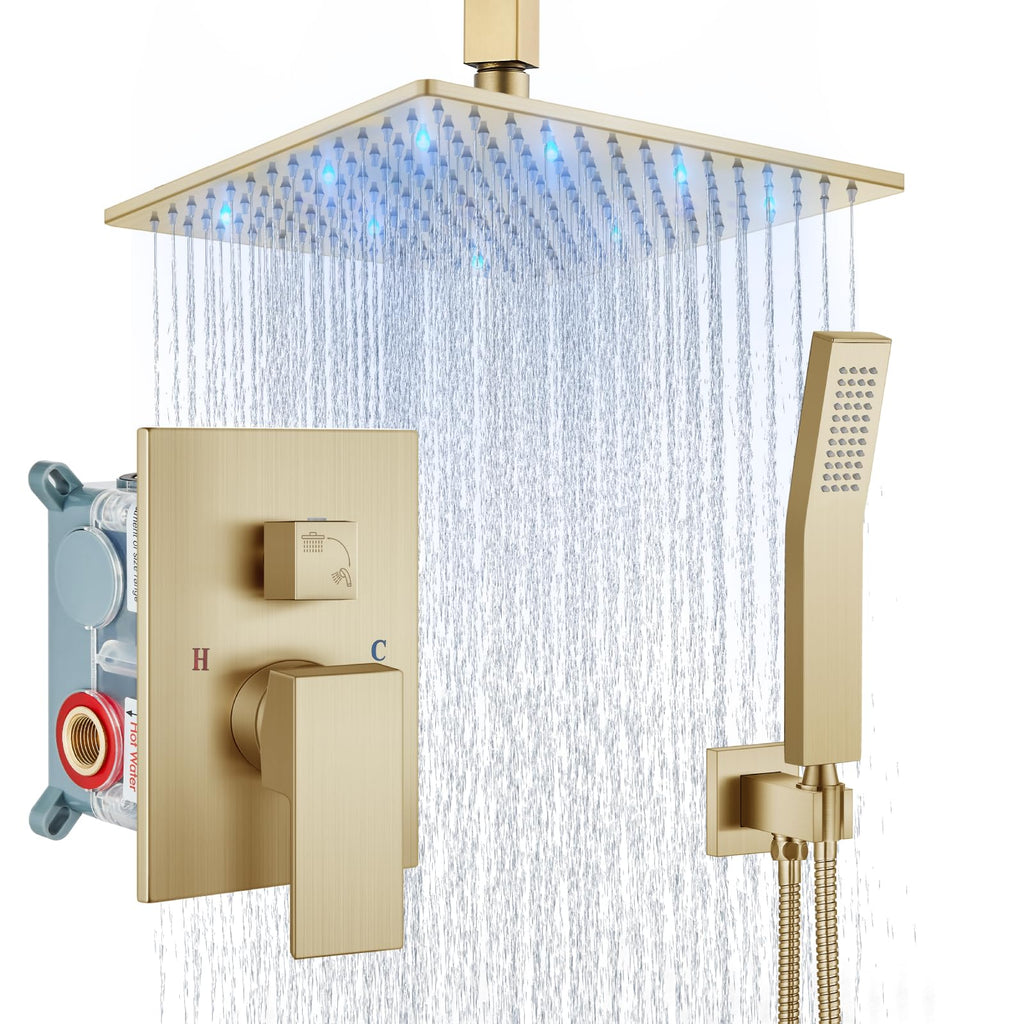 Ceiling Shower Faucet Set with Handheld 10" LED Head Brushed Gold
