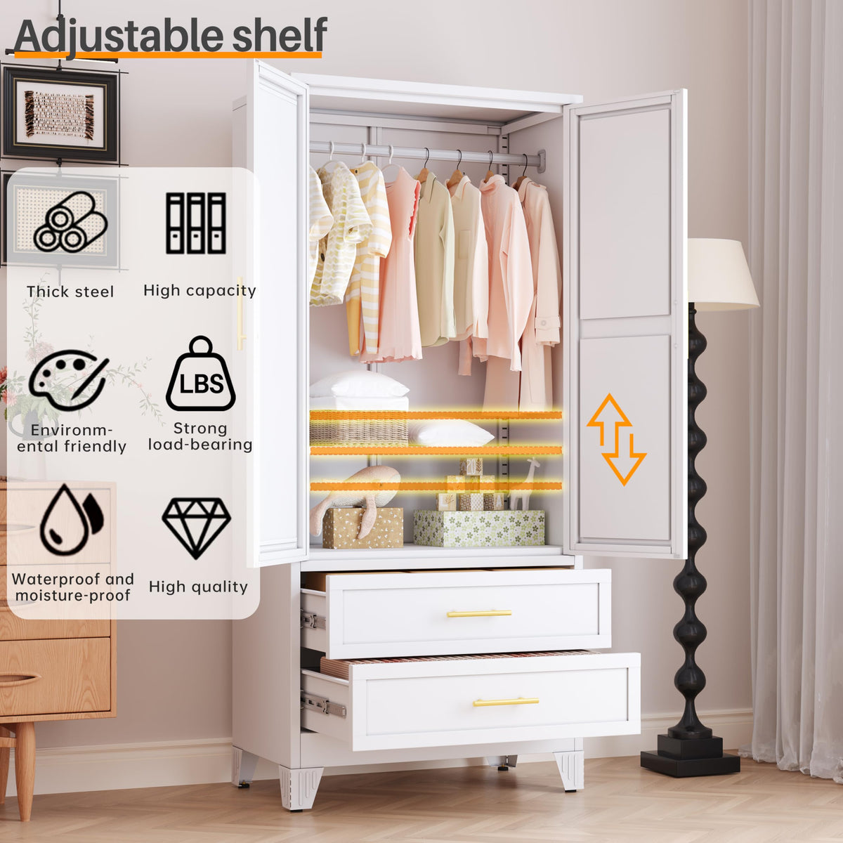 Metal Armoire Wardrobe Closet, 71" Tall Bedroom Closet with Mirror