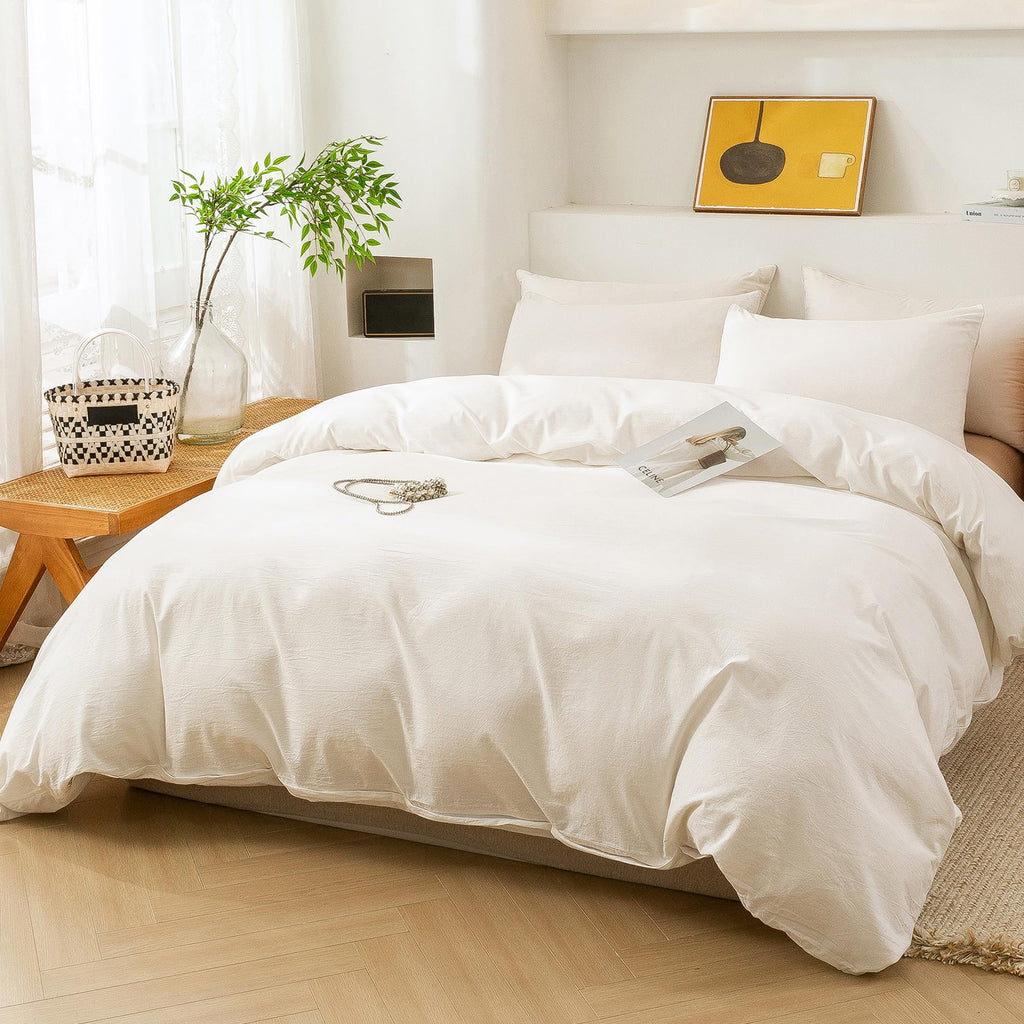 Cotton 3 Pcs Duvet Cover Set Linen Feel White Twin