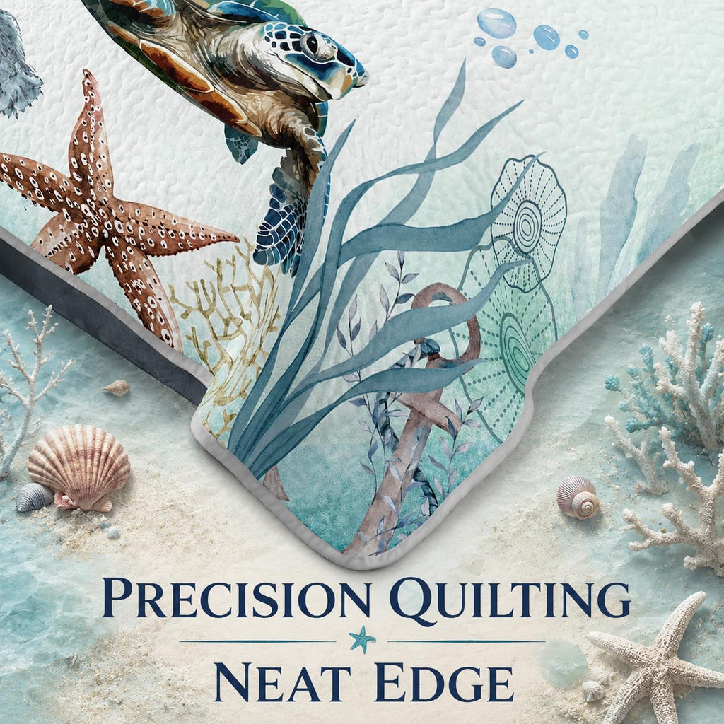 Sea Turtle Bedding Quilt Set, Teal Blue Ocean Beach Coastal Bedspread Coverlet, 3 Pieces Soft Lightweight