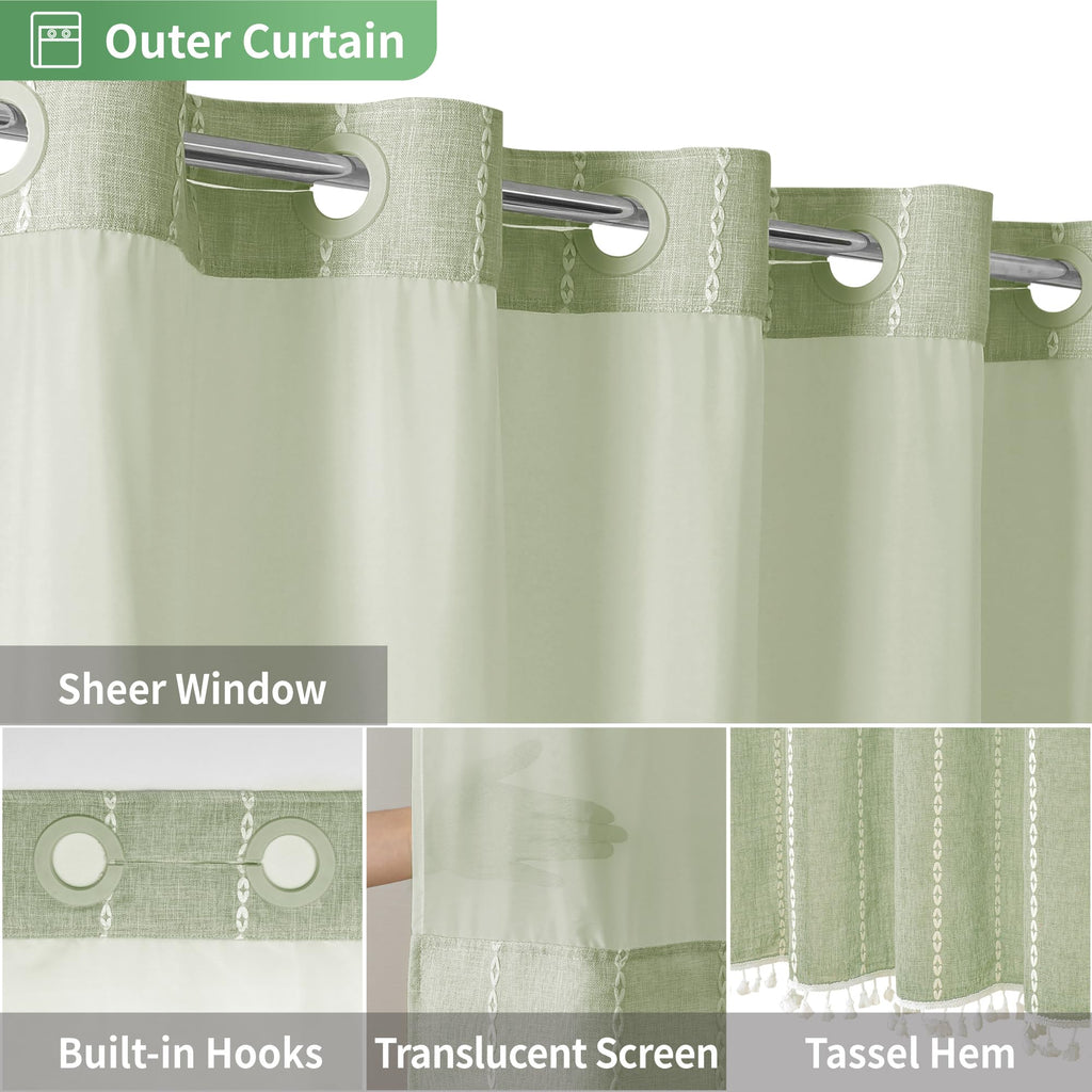 No Hook Extra Long Shower Curtain Set with Snap-in Liner, Linen Textured Thick Striped Fabric with Tassels, Boho Chic
