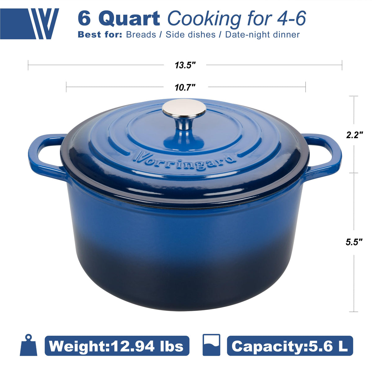 Enameled Cast Iron Dutch Oven Pot with Lid, for Sourdough Bread Baking, Round Dutch Ovens, 6 Quart, Blue