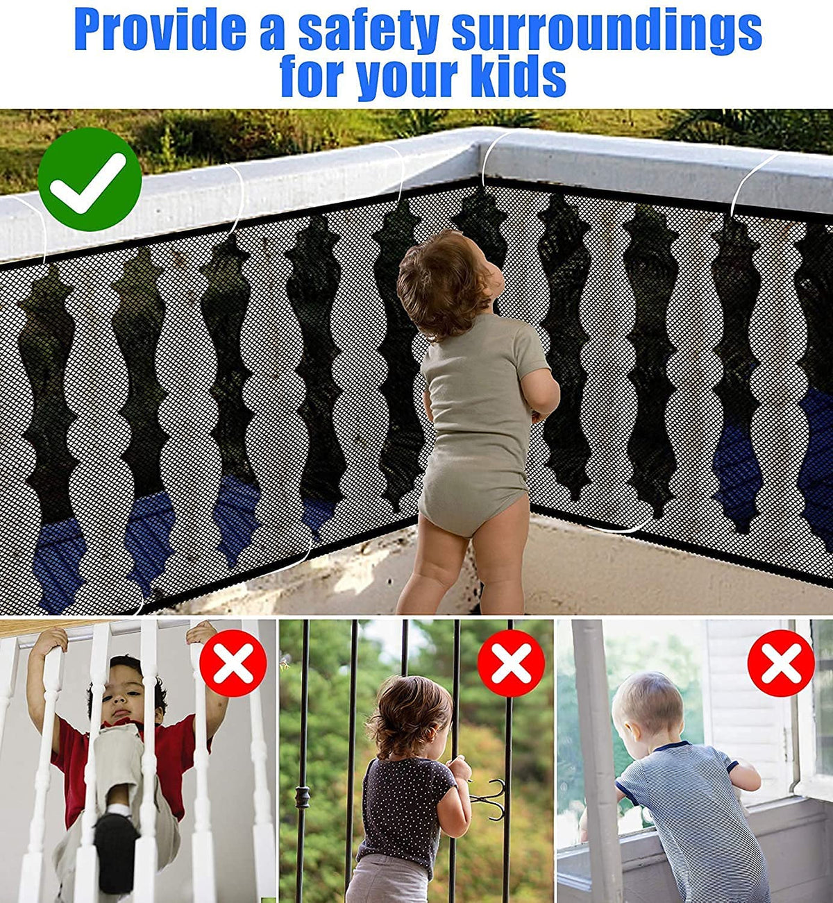 2 Sets Baby Gate for Stairs, Banister Guard for Kids, Pets, Toys, 2 Set 10 ft x 2.6 ft Mesh Netting Safety Net for