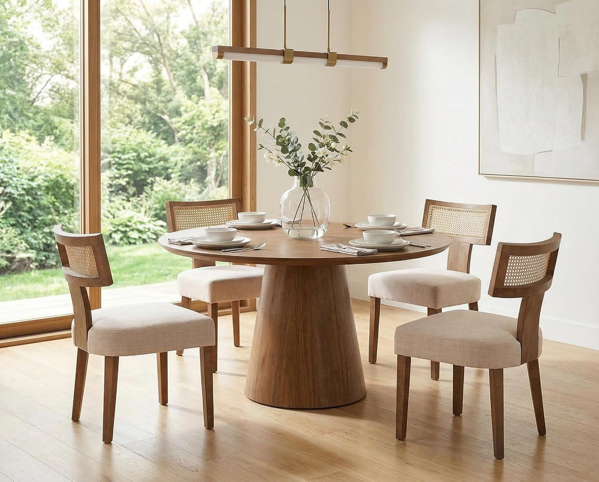 Rattan Dining Chairs Set of 4, Mid Century Modern Dining Chair Upholstered Linen Fabric Kitchen Side Chair, Modern