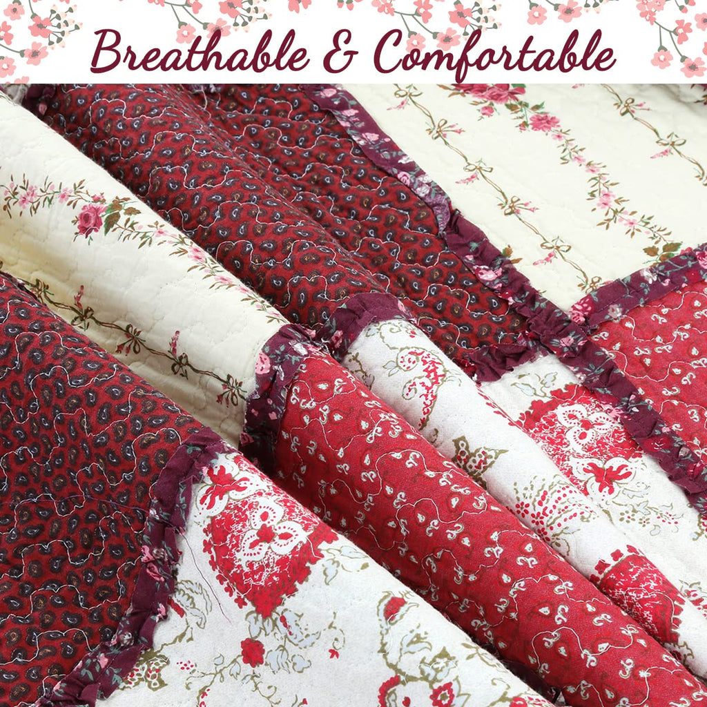 100% Cotton True Patchwork Reversible Red Floral Paisley Rag Ruffle Farmhouse Quilt Bedding Set, Coverlet Bedspread