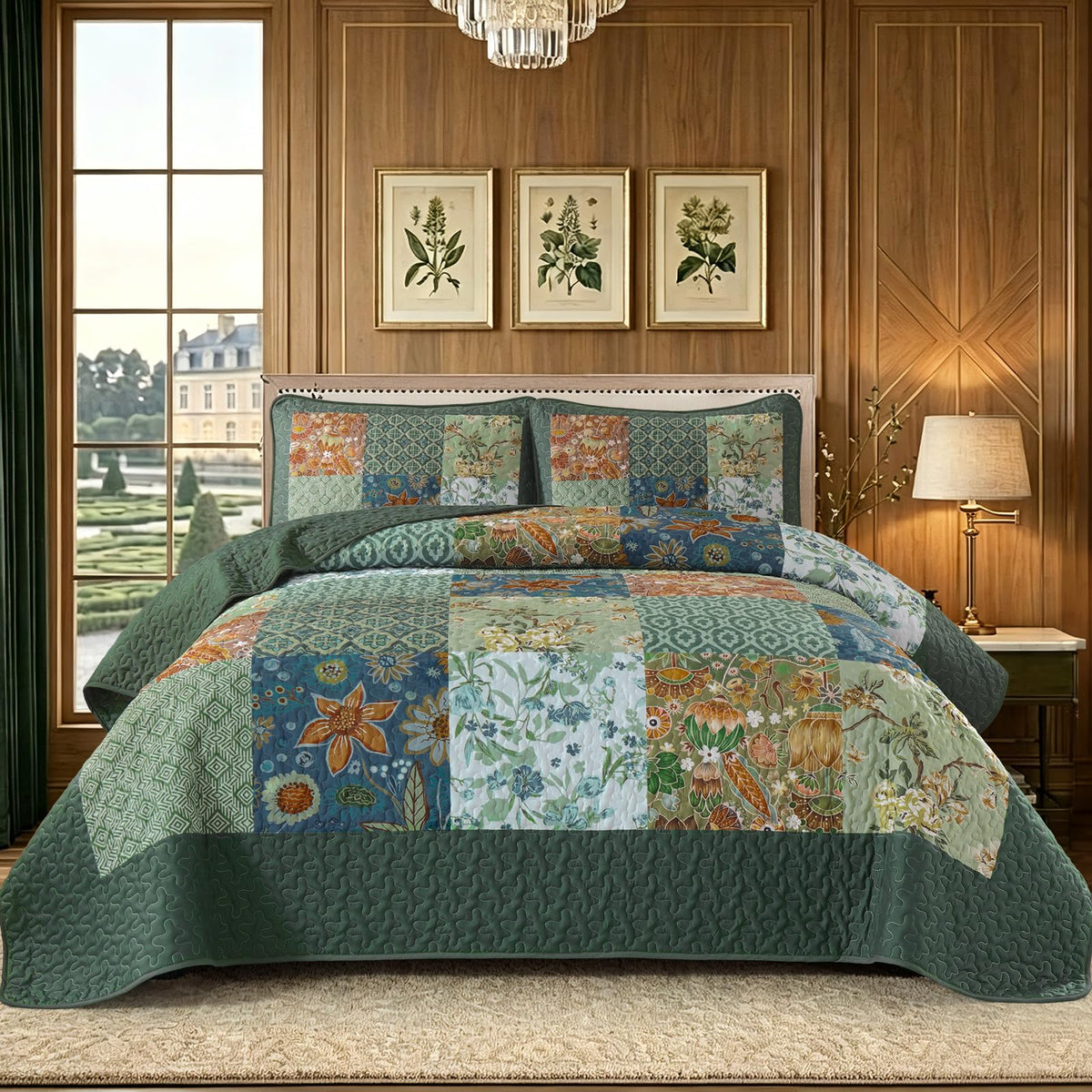 Patchwork Quilt Set Green Boho Rustic Floral Bedspread Coverlet