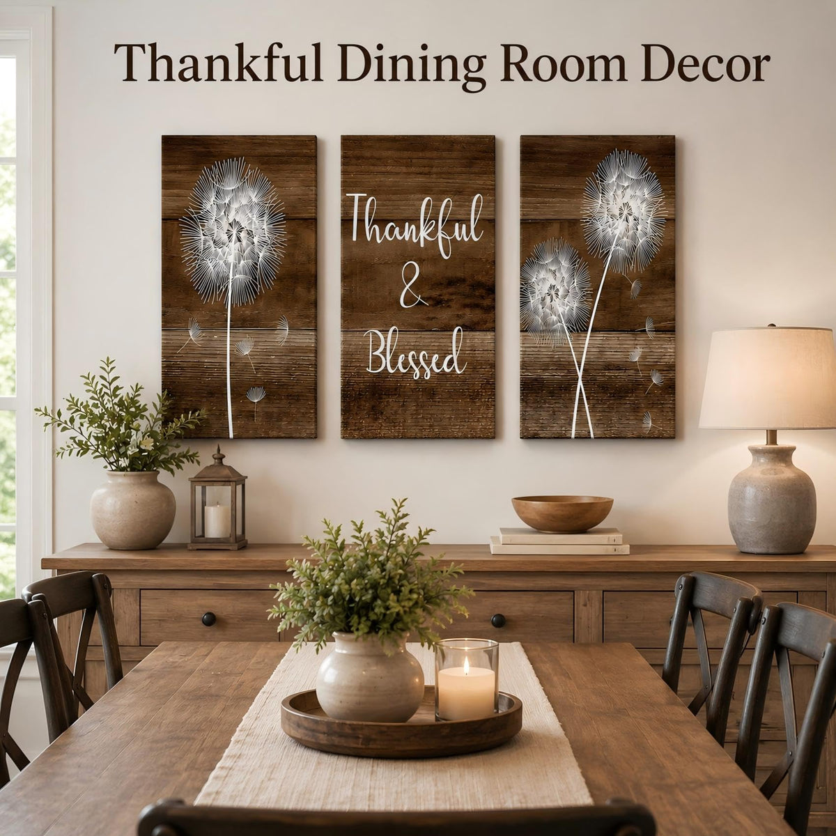 Thankful & Blessed Dandelion Framed 3‐Piece Canvas Wall Art, Rustic Wooden Plank Background Floral Typography Canvas