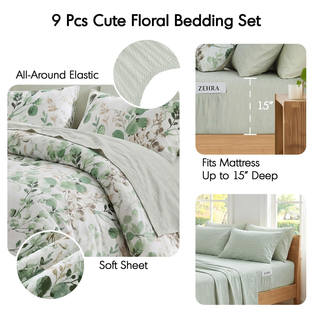Lightweight Seersucker Botanical Comforter Set, 9 Pieces Reversible Design Bed in A Bag Set, Premium