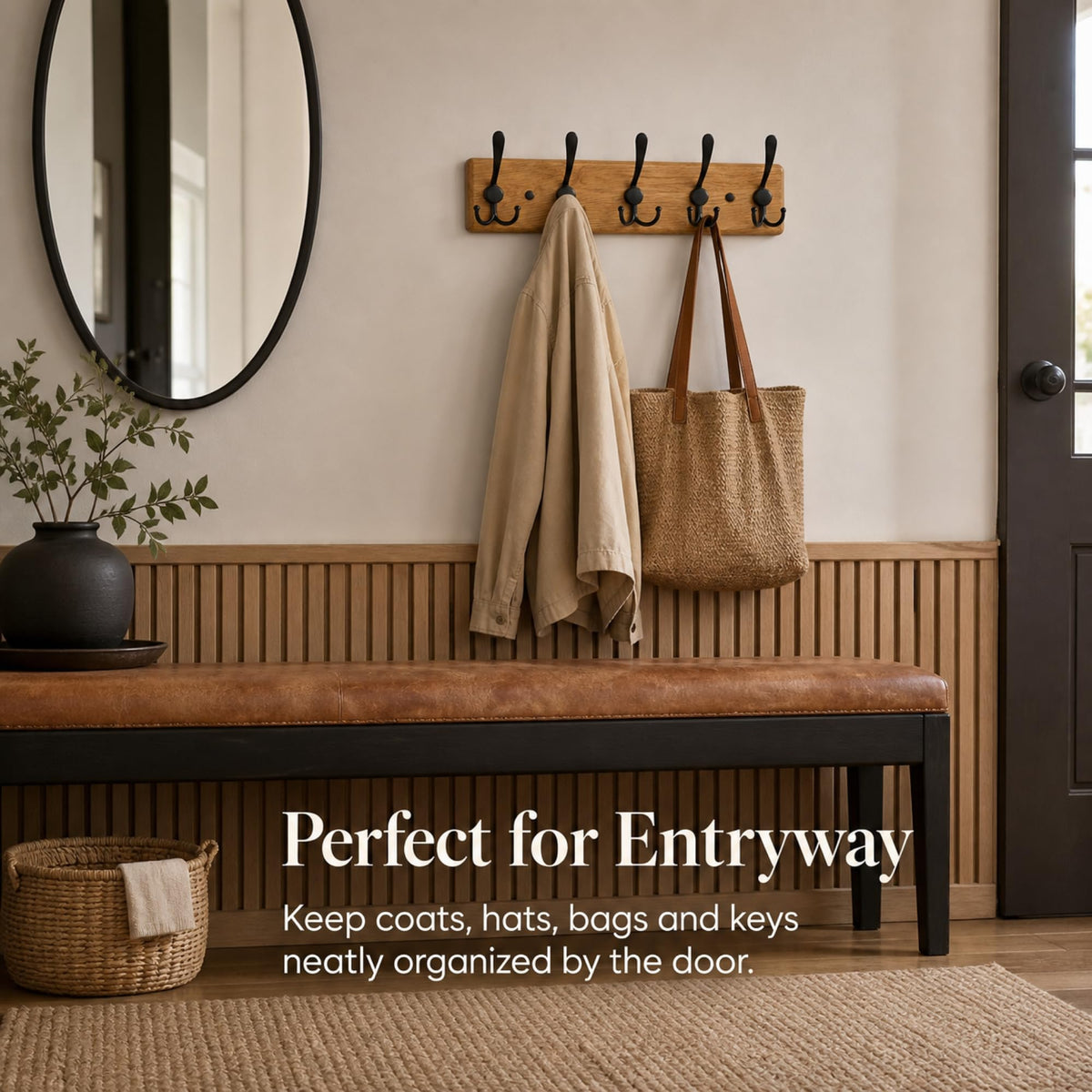 Solid Oak Rustic Coat Rack Wall Mount with 5 Hooks, 17 Inch