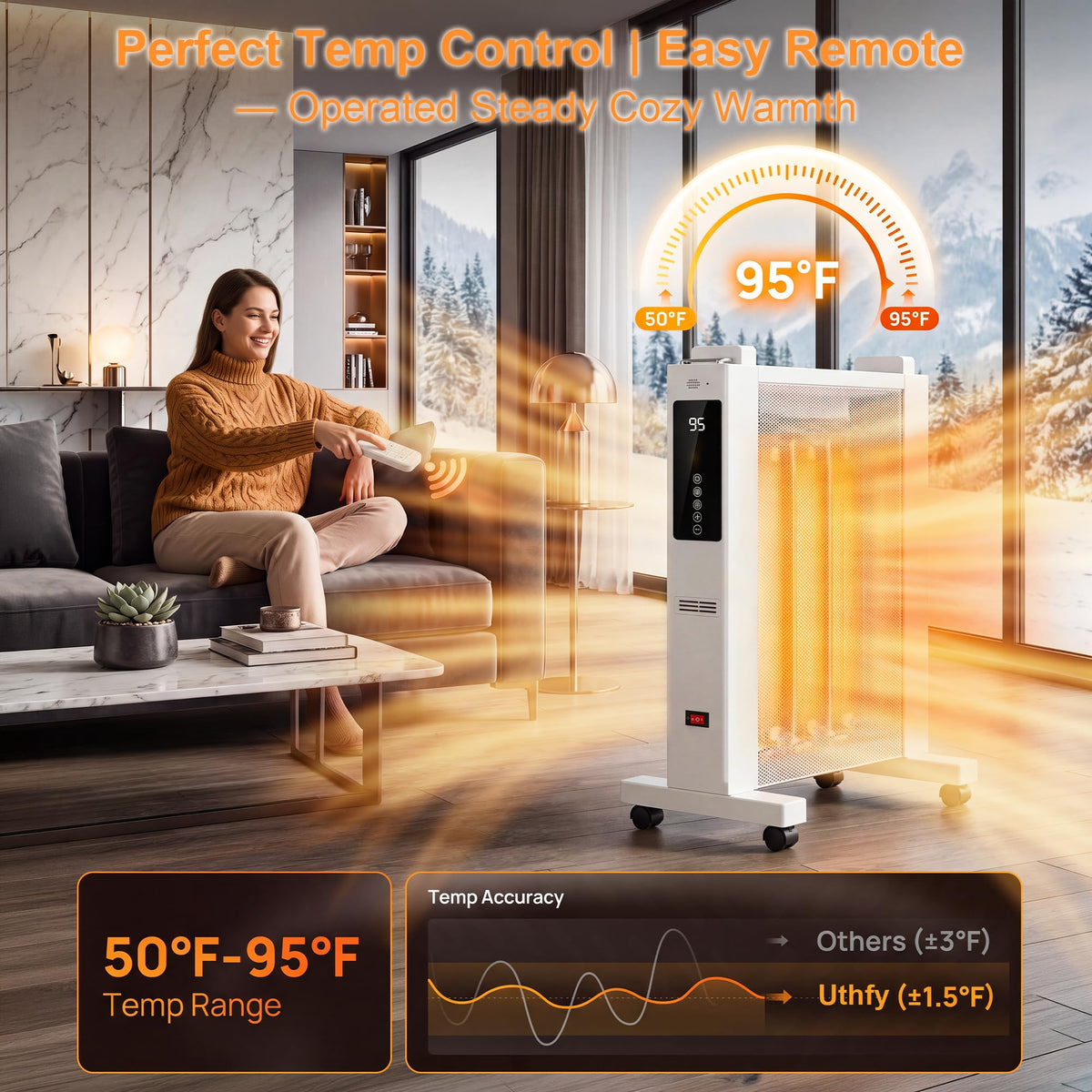 26" Space Heater for Large Room, 1500w Electric Mica Panel Heater, 3 Sides Heating, 12H Timer, Remote, 3 Modes