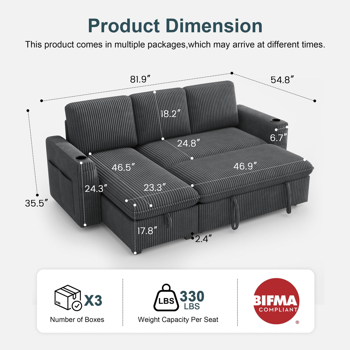Sectional Sleeper Sofa with Pull Out Bed, Plush Corduroy Sectional Sofa with Storage Chaise and Adjustable Backrest