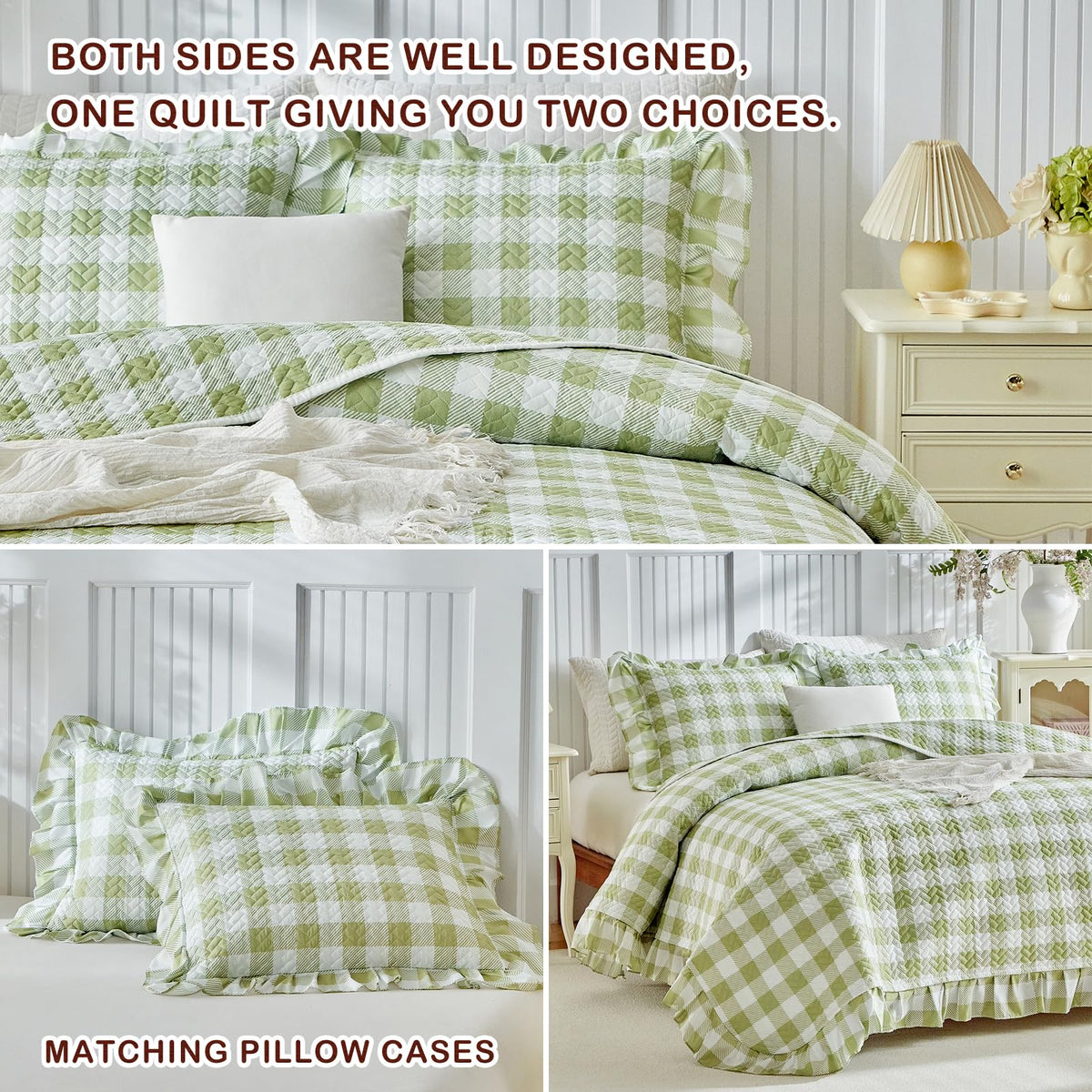 3pcs Ruffle Quilt Set, Sage Green Gingham Plaid Ruffled Design, Soft Cozy Microfiber Farmhouse Bedspread
