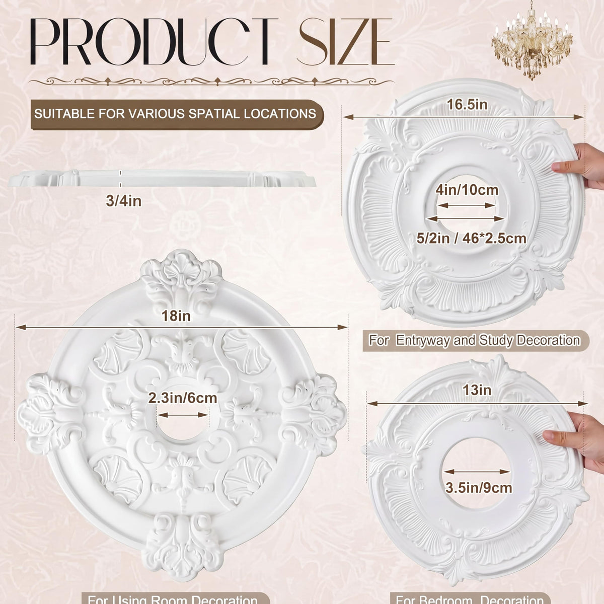 3 Pack Ceiling Medallions for Light Fixtures, Decorative Ceiling Rosettes in 3 Sizes, 13", 16.5" & 18" Od, Durable