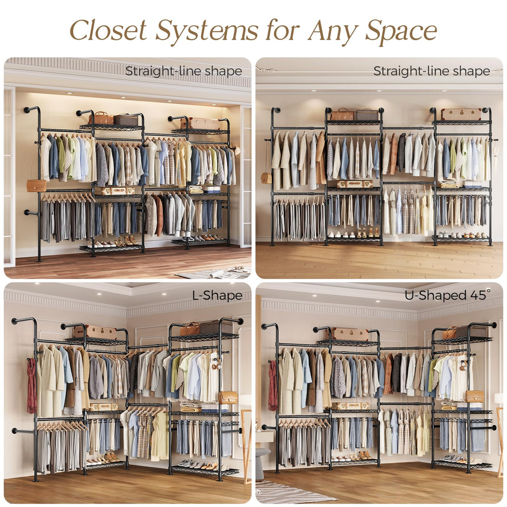 Closet Organizers Wall Mounted Closet System, 4-Row Heavy Duty Garment Clothes Rack, Industrial Pipe Clothing Rack