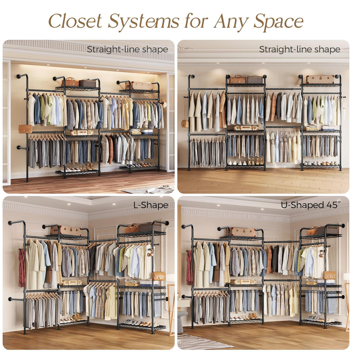 Closet Organizers Wall Mounted Closet System, 4-Row Heavy Duty Garment Clothes Rack, Industrial Pipe Clothing Rack