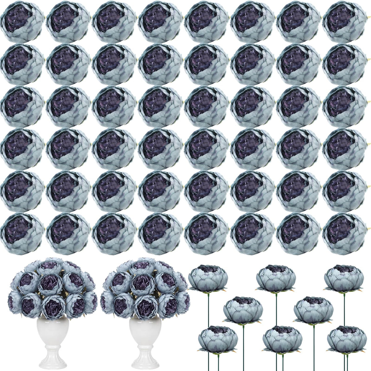 50 Pcs Artificial Peony Flower Heads 3.5 Inch with Stem, Gray-Blue