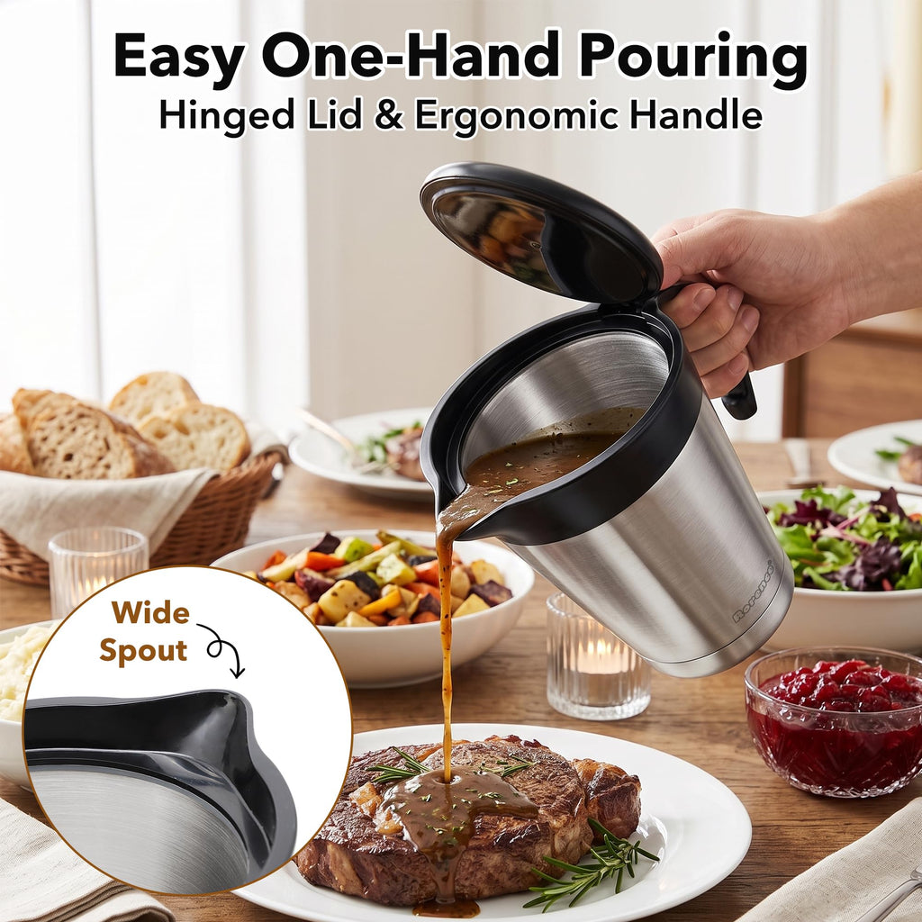 32oz Stainless Steel Gravy Boat Sauce Jug with Hinged Lid