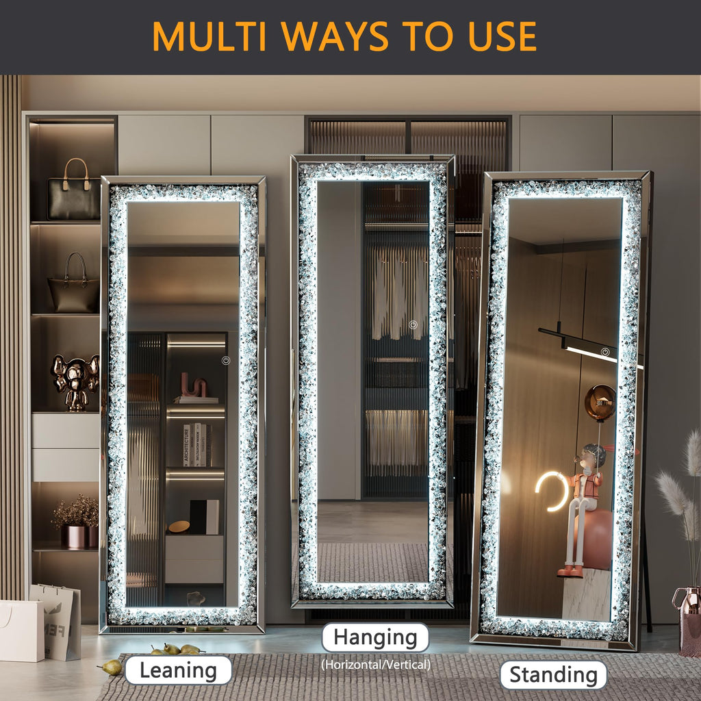 65"×22" LED Full-Length Mirror Crystal Crush Diamond, Wall Mounted Diamond Mirror Leaning Bedroom Dimming & 3 Color