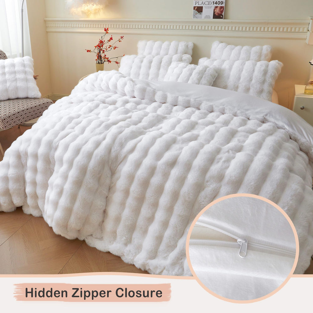 Luxury Faux Rabbit Fur Duvet Cover Set 3 PCS, White