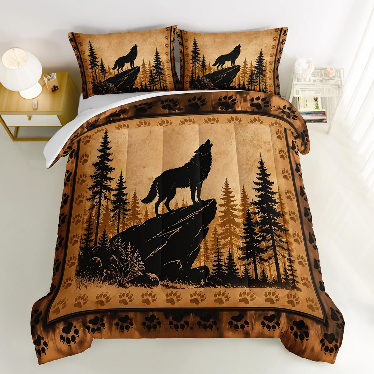 Wolf Comforter, Howling Wolf Forest Bedding with 2 Pillowcases.