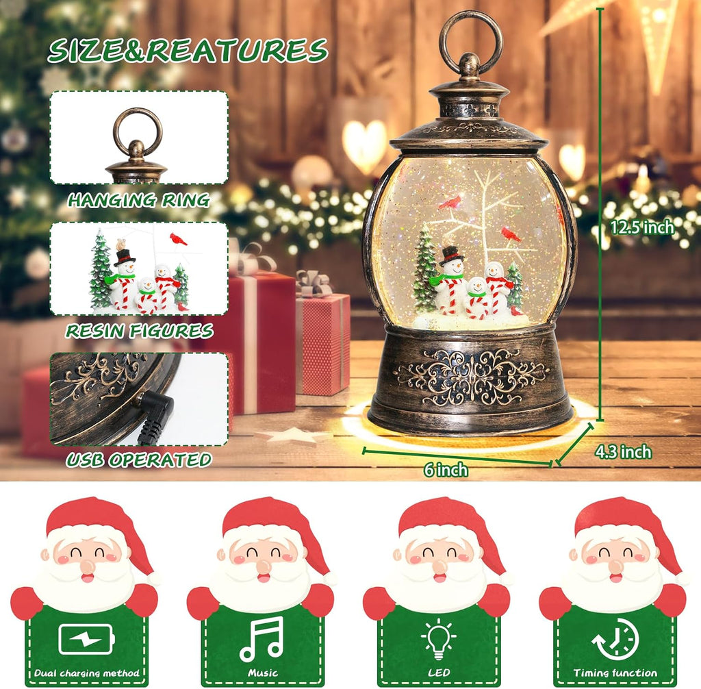 Christmas Cardinal Snow Globe 12.5In High, Snowman Musical Snow Globe Lantern Lights with 6 Hour Timer and Batteries