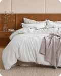 Green Cotton Waffle Duvet Cover Set with a Relaxed Striped Weave