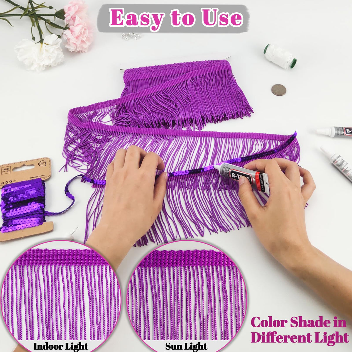 Purple Fringe, 5 Yards X 4 Inch Fringe Trim with B7000 Glue, Tassels Trim for Crafts, Polyester Fibre Sewing Fringe
