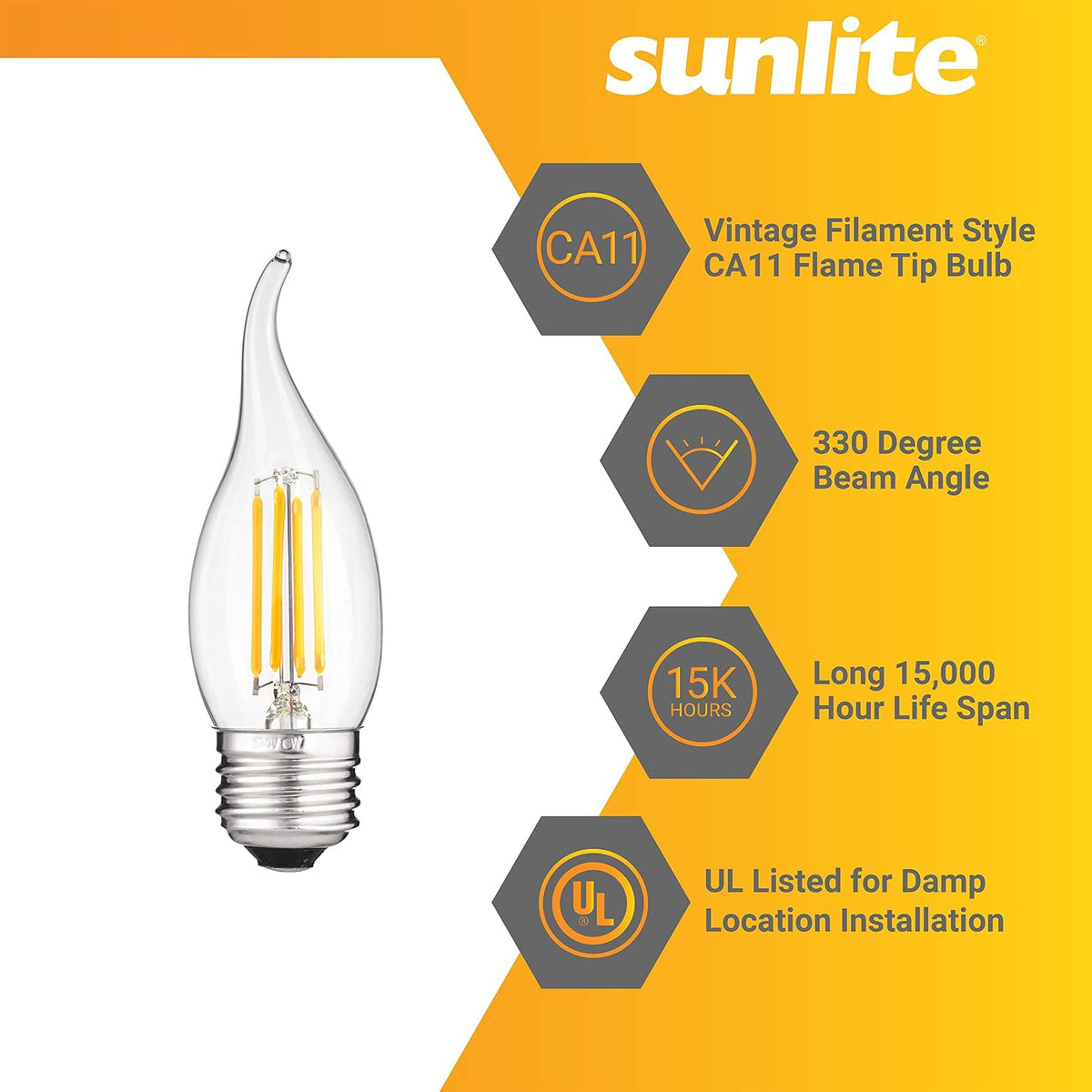 LED Filament CA11 Flame Tip Chandelier Light Bulb, 4 Watts (40W Equivalent), Medium E26 Base, Clear Glass, Dimmable