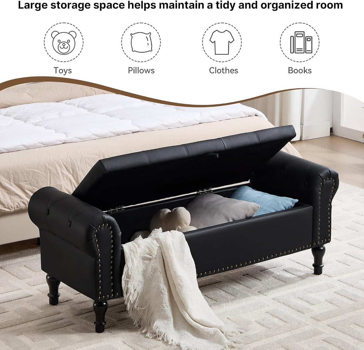 Storage Bench , 51" Upholstered End of Bed Bench, Faux Leather Queen Size Benches with Rolled Arms, Tufted Button