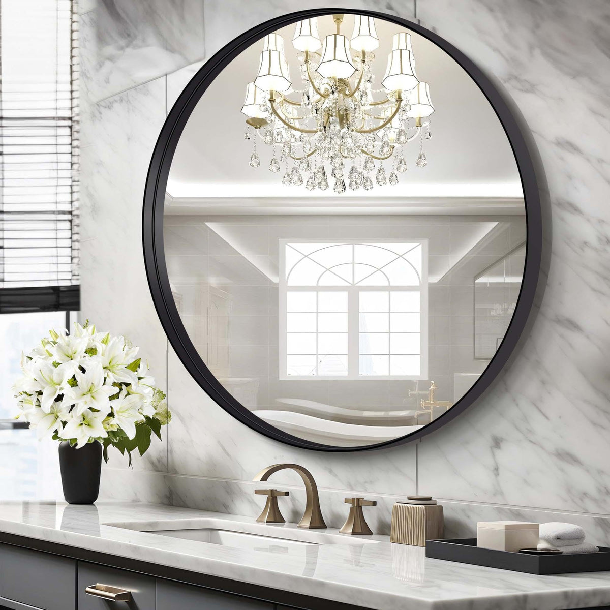 Black Round Mirror 36 inch Deep Frame Circle Mirror, Metal Framed Bathroom Mirror, Round Vanity Mirror, Circle