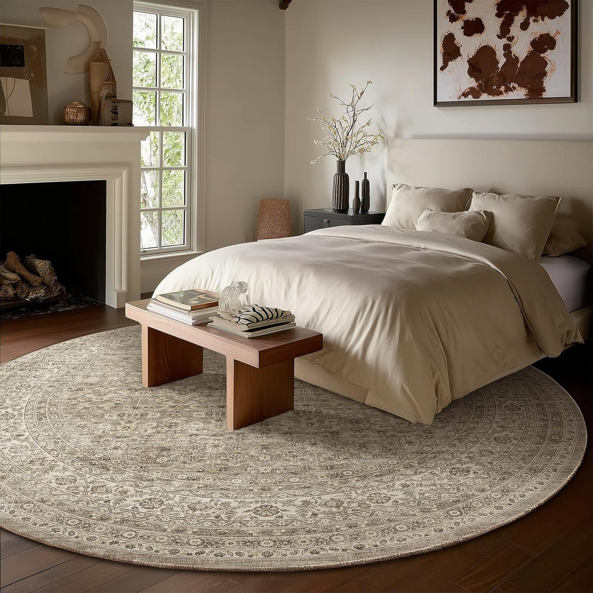 Washable Round Rugs for Bedroom: Circle Living Room Rug Vintage Non Slip Low Pile Soft Faux Wool Non Shedding