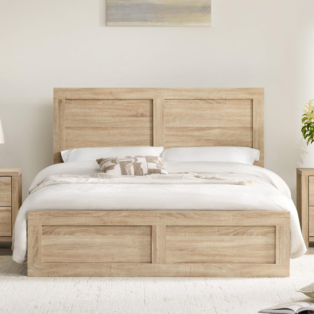 Wood Bed Frame with Headboard and Footboard, Natural, Queen