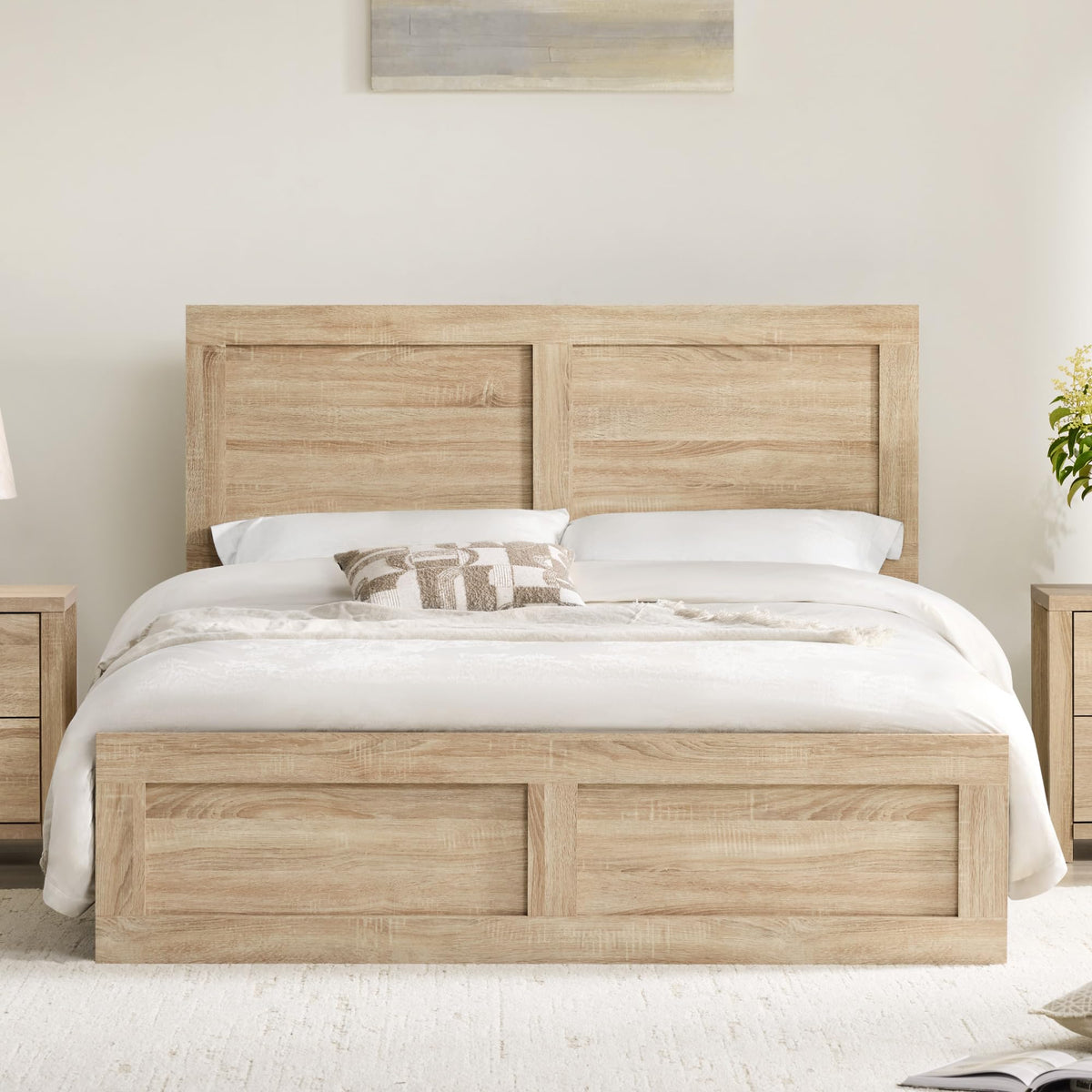 Wood Bed Frame with Headboard and Footboard, Natural, King