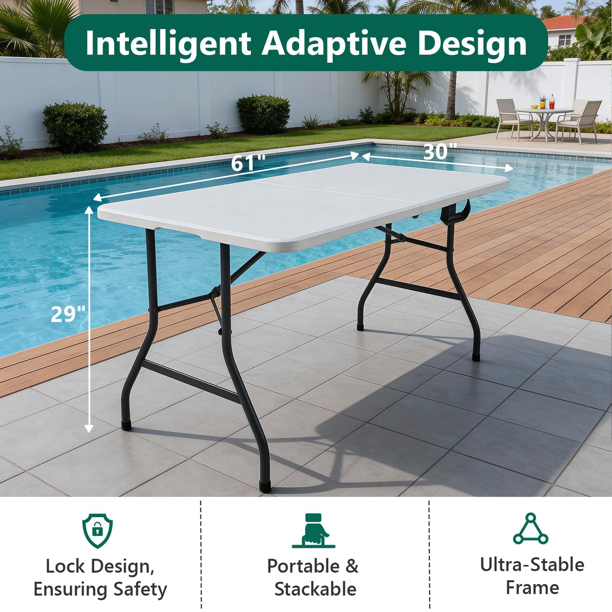 2 Pack 5ft Folding Table, Foldable Picnic Table with Carrying Handle, Heavy Duty Fold-in-Half Portable Table for