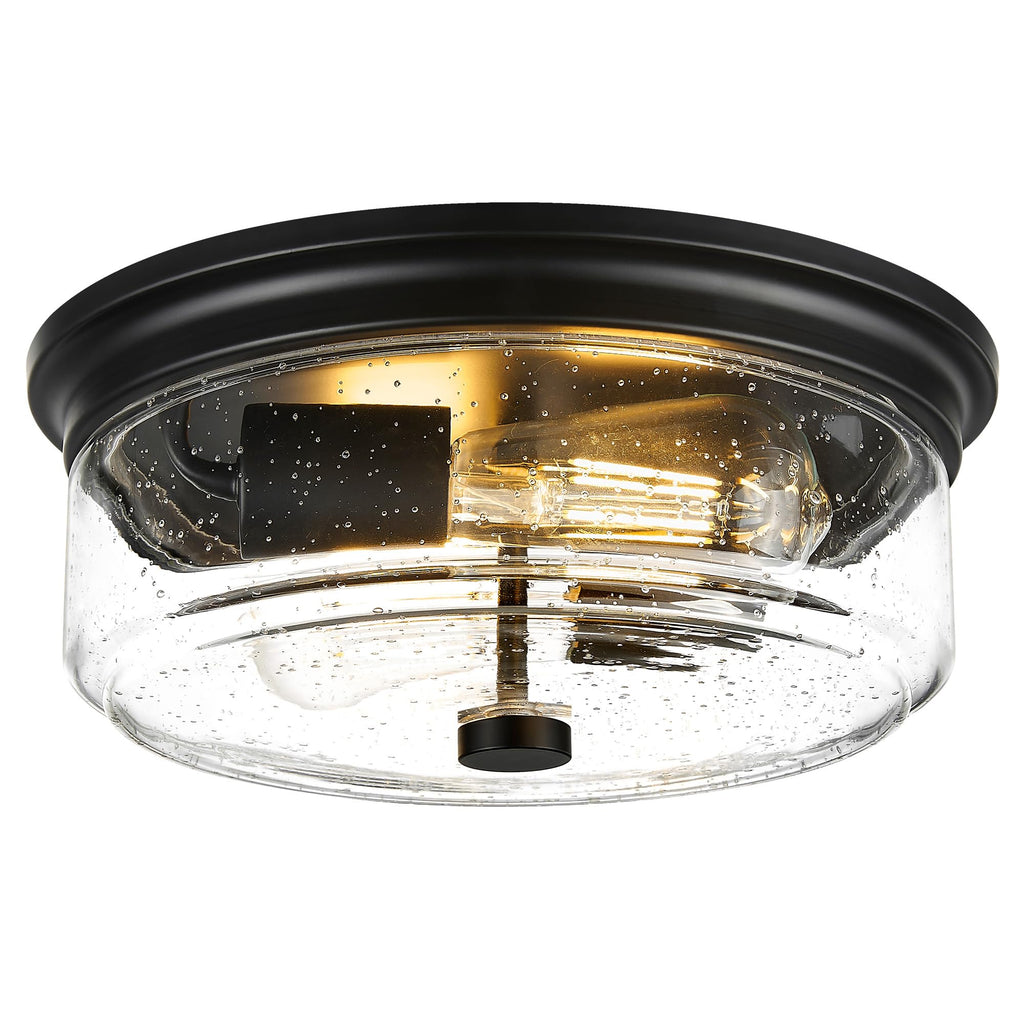 Black Flush Mount Ceiling Light, 12 Inch 2-Light Industrial Farmhouse Light Fixture with Seeded Glass Shade