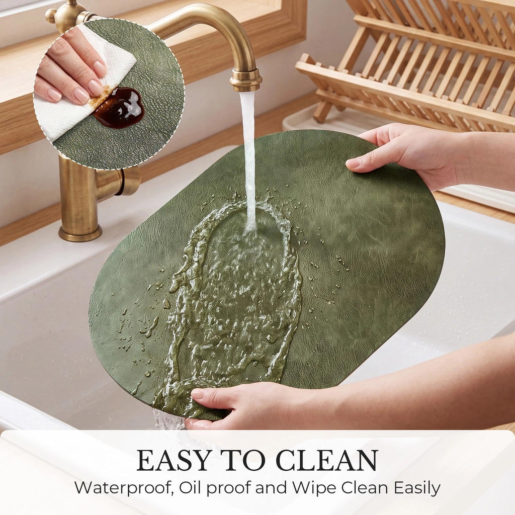 Vinyl Faux Leather Oval Placemats, Set of 4, Olive Green