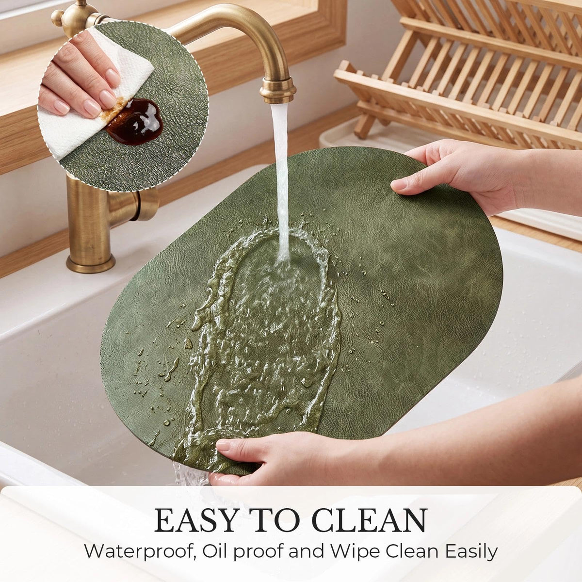 Vinyl Faux Leather Oval Placemats, Set of 4, Olive Green