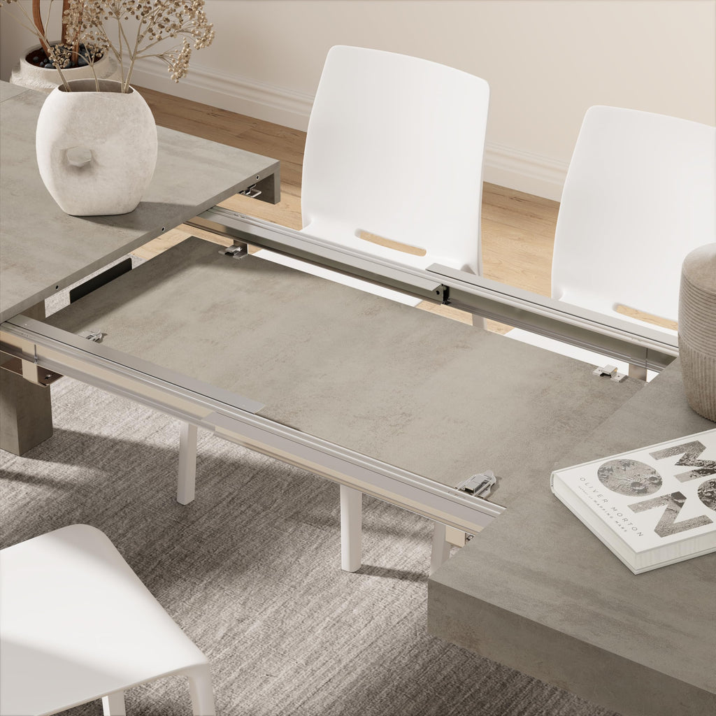 Iacopo Extendable Dining Table, 55.1(86.6) x35.4 in, Concrete Effect, Grey, for 6-10 People, Expandable Dining Table