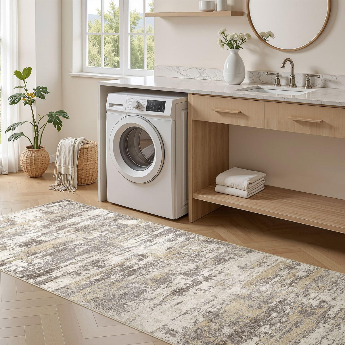 3x8 Runner Rug, Abstract Washable Hallway Rugs, Gold Brown
