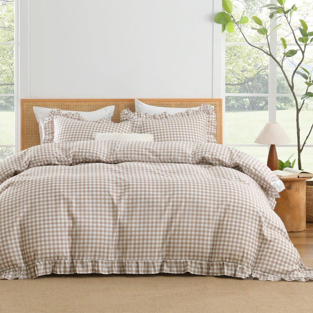 Tan Gingham Duvet Cover, Ruffle Shabby Chic Bedding Set 3 Pcs