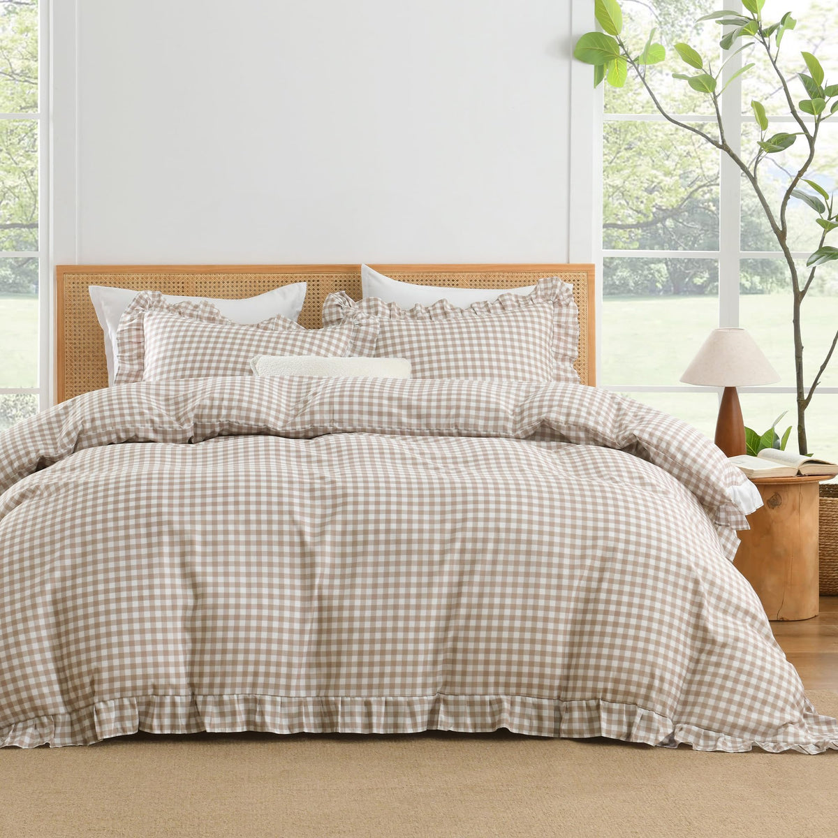 Tan Gingham Duvet Cover, Ruffle Shabby Chic Bedding Set 3 Pcs
