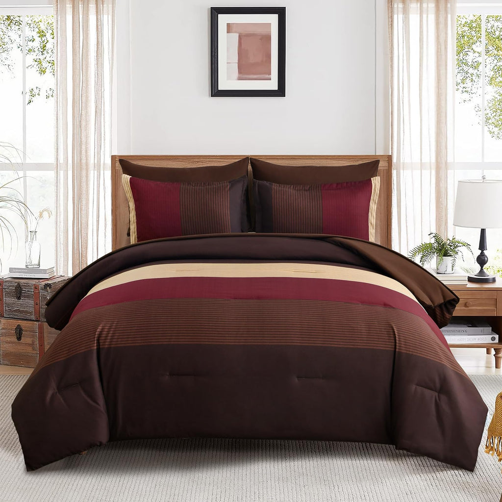 Red and Brown Comforter Set, Boho Burgundy Striped Bedding Comforter Set 7 Piece Bed in a Bag, Soft
