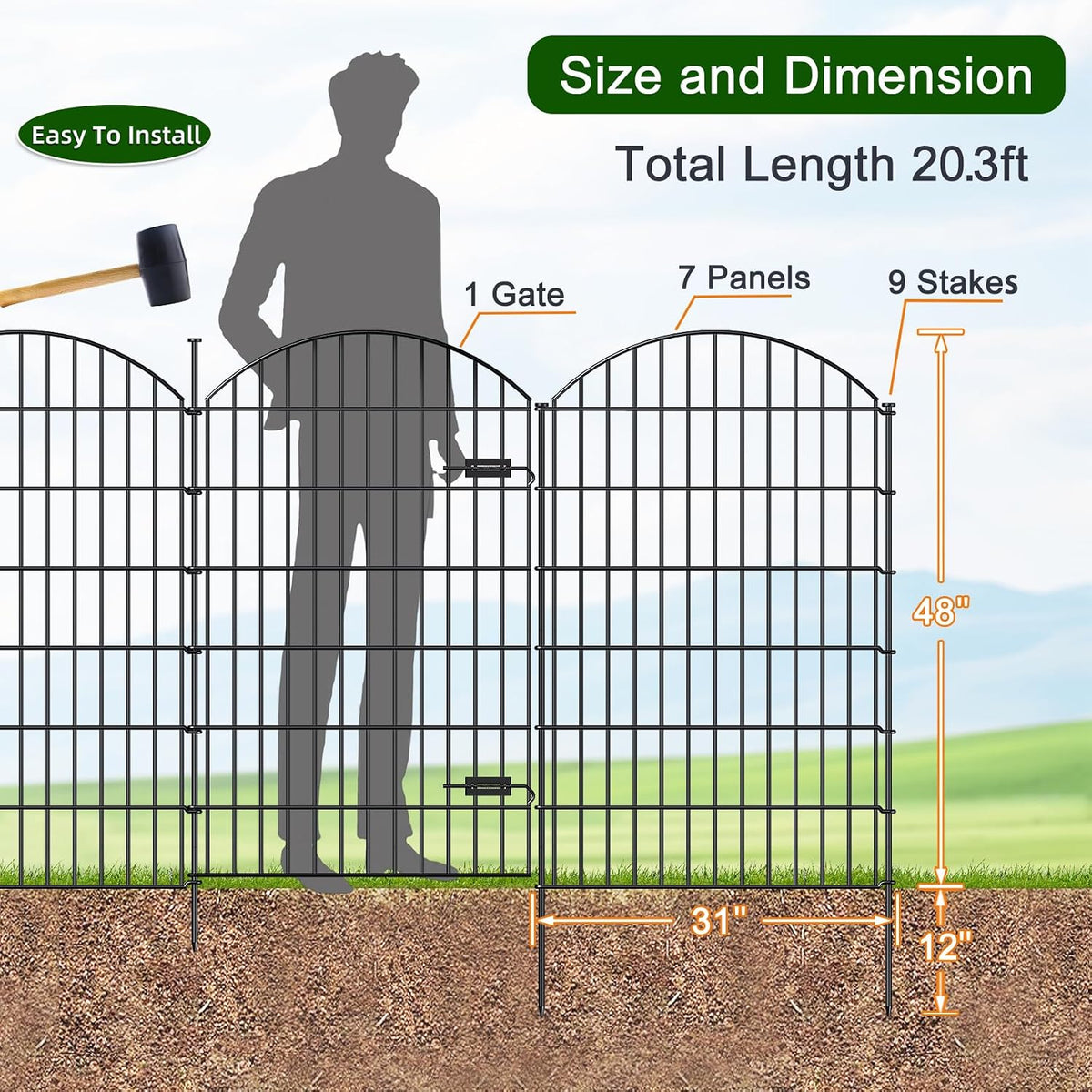 Metal Garden Fence with Gate 48in (H) x 20.3ft (L), 1 Gate+ 7 Panels Dog Fences Border Fence Animal Barrier, No Dig