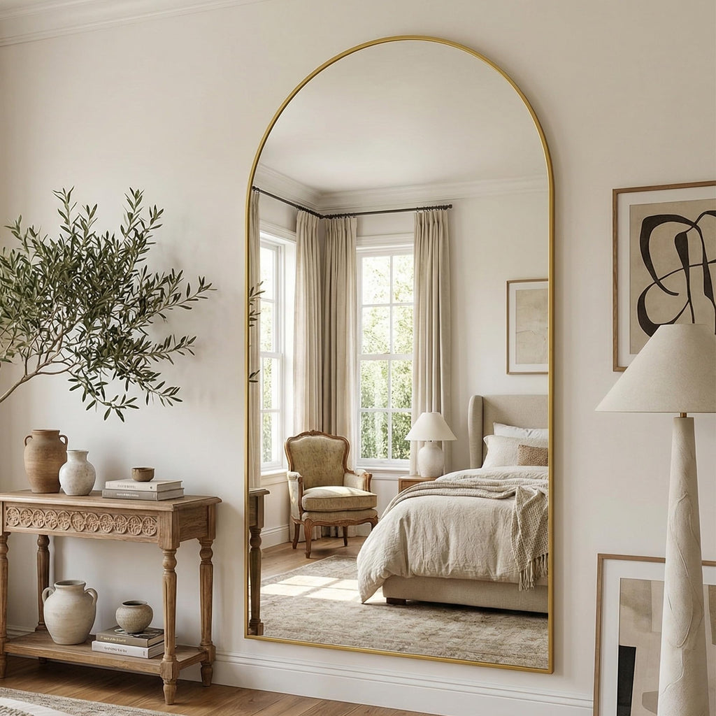 90"x46" Arched Full Length Mirror with Stand, Gold Floor Mirror