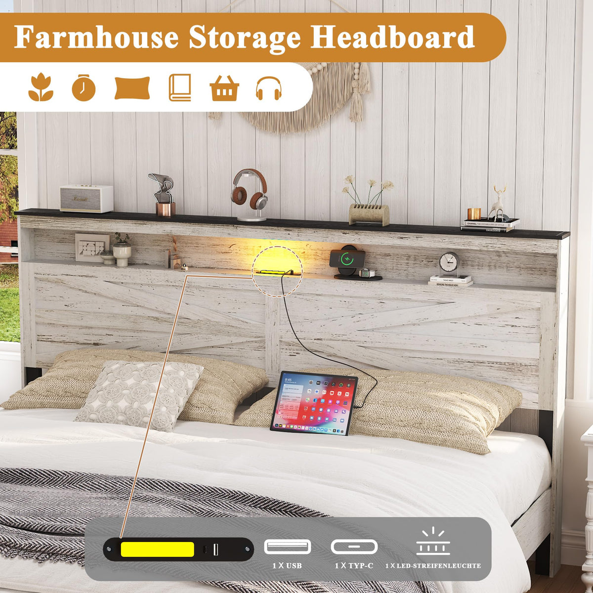 Farmhouse Wooden Bed Frame with Storage Headboard