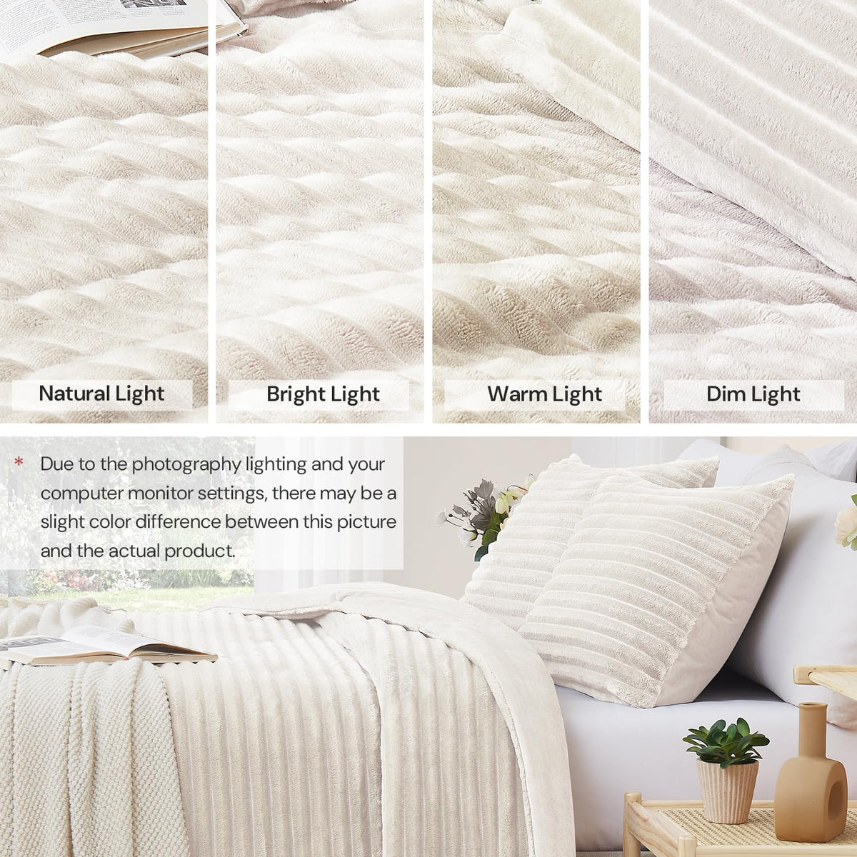 Cream White Fleece Queen Comforter Set - 3 Pieces Faux Fur Beige Comforter Queen, Soft Warm Fluffy Bedding Set
