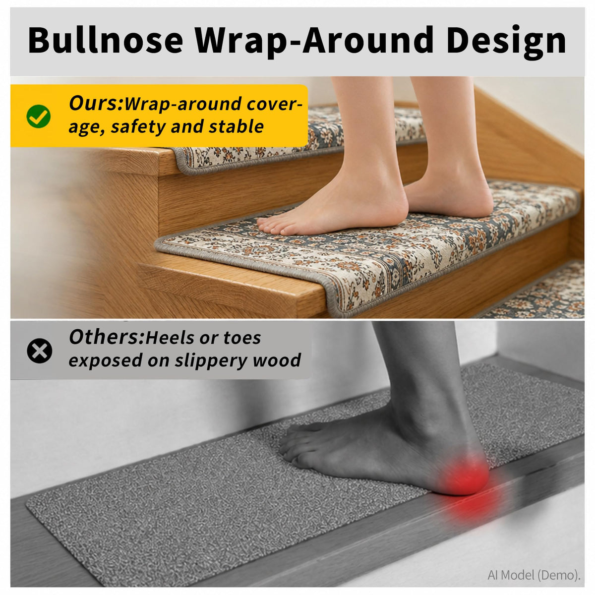 Bullnose, 14 Pack 30 x 9.5 Inch Non-Slip Carpet Mats for Wooden Steps, Protective Indoor Stairway Covers with 1.5"
